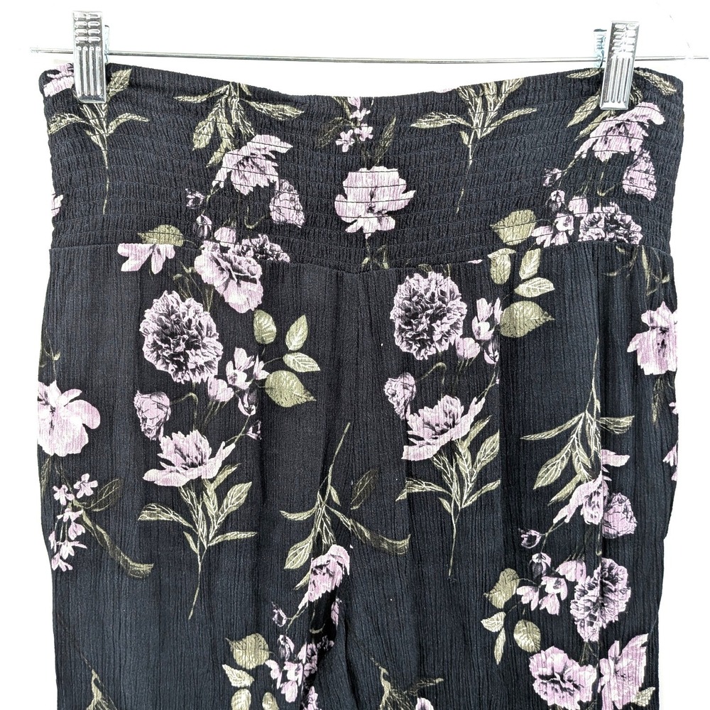 Floral Wide Leg Pants High Waist Smocked Rayon Boho Cottagecore Size L - Picture 7 of 10